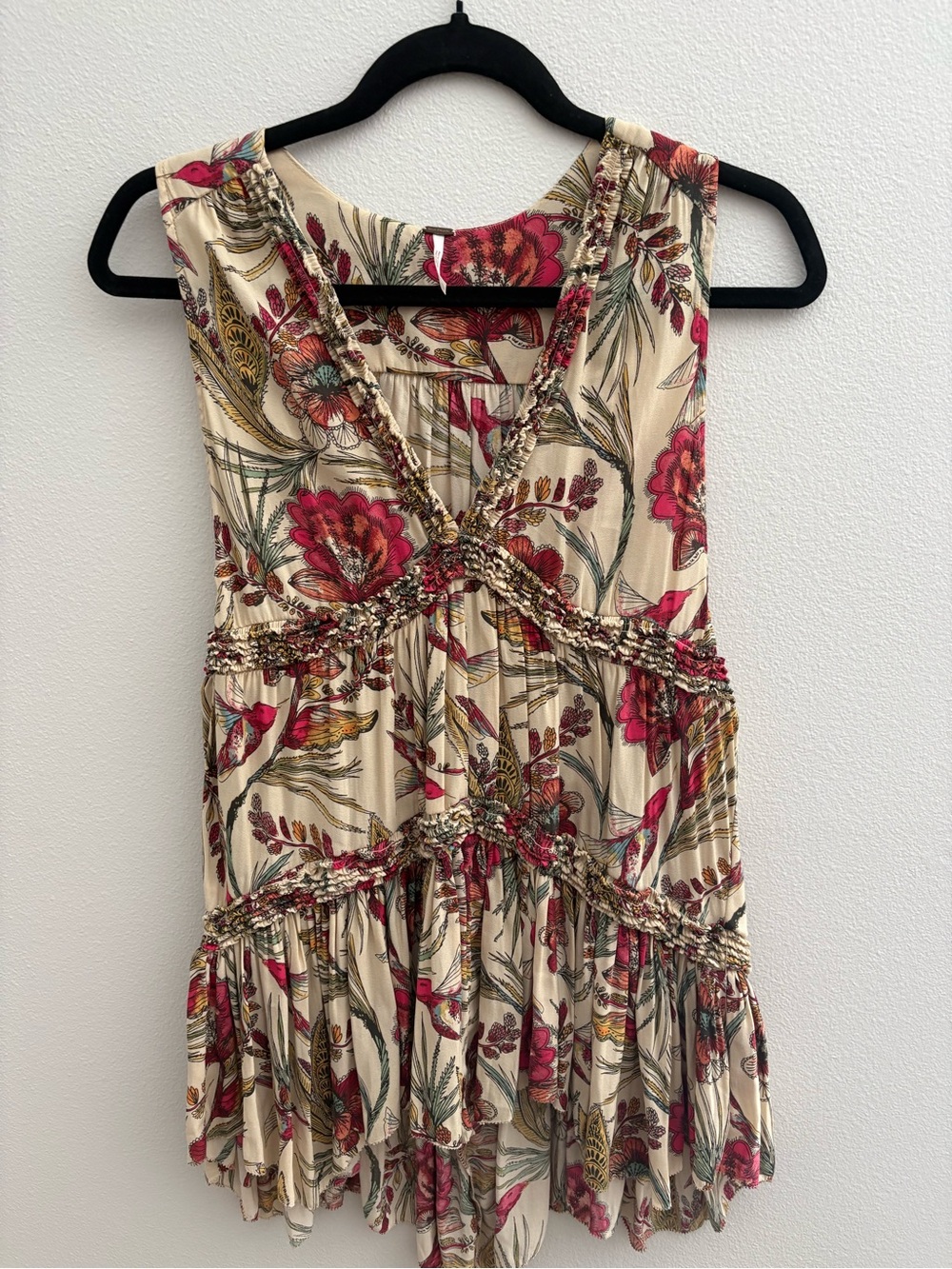 Free People Cream Floral Sleeveless Tiered Mini Dress